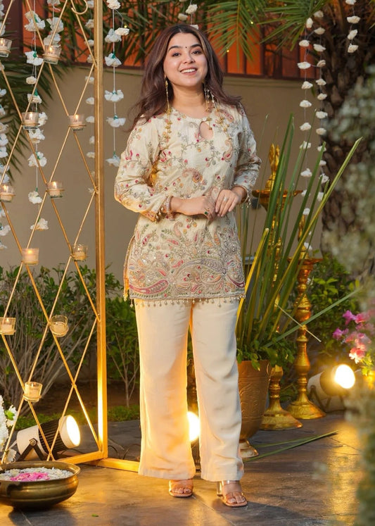Zeenat White Multicolour Paisley Embroidered Kurti Set