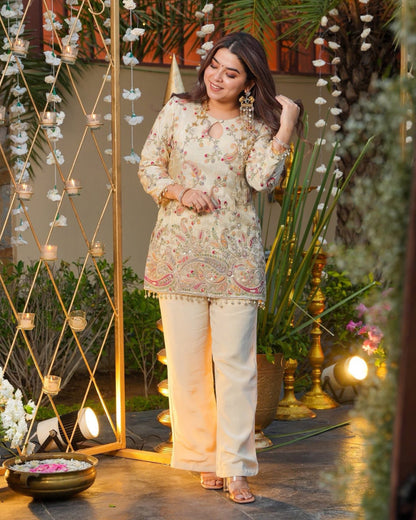 Zeenat White Multicolour Paisley Embroidered Kurti Set
