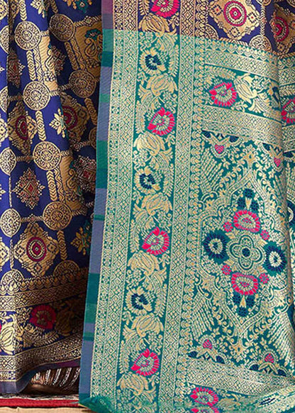 Classic Royal Blue Banarasi Silk Saree with Aqua Zari Border