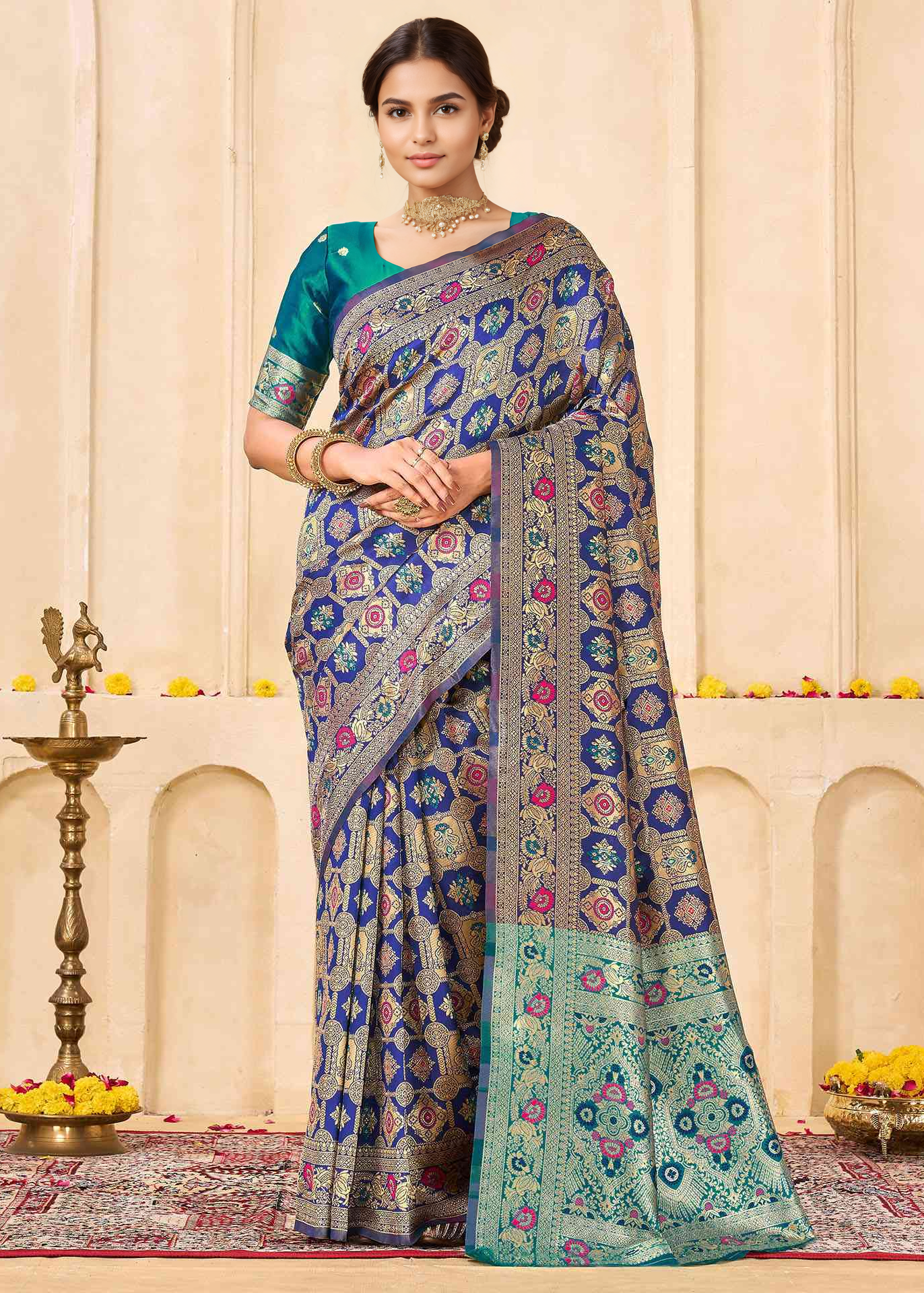 Classic Royal Blue Banarasi Silk Saree with Aqua Zari Border