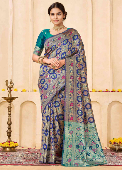 Classic Royal Blue Banarasi Silk Saree with Aqua Zari Border