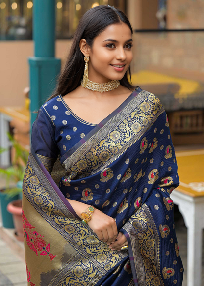 Classic Navy Blue Banarasi Silk Saree with Rich Gold Zari Border