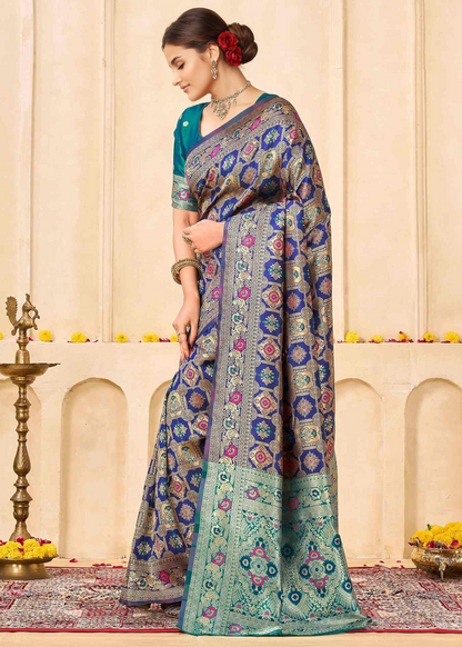 Classic Royal Blue Banarasi Silk Saree with Aqua Zari Border