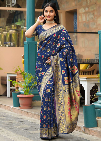Classic Navy Blue Banarasi Silk Saree with Rich Gold Zari Border