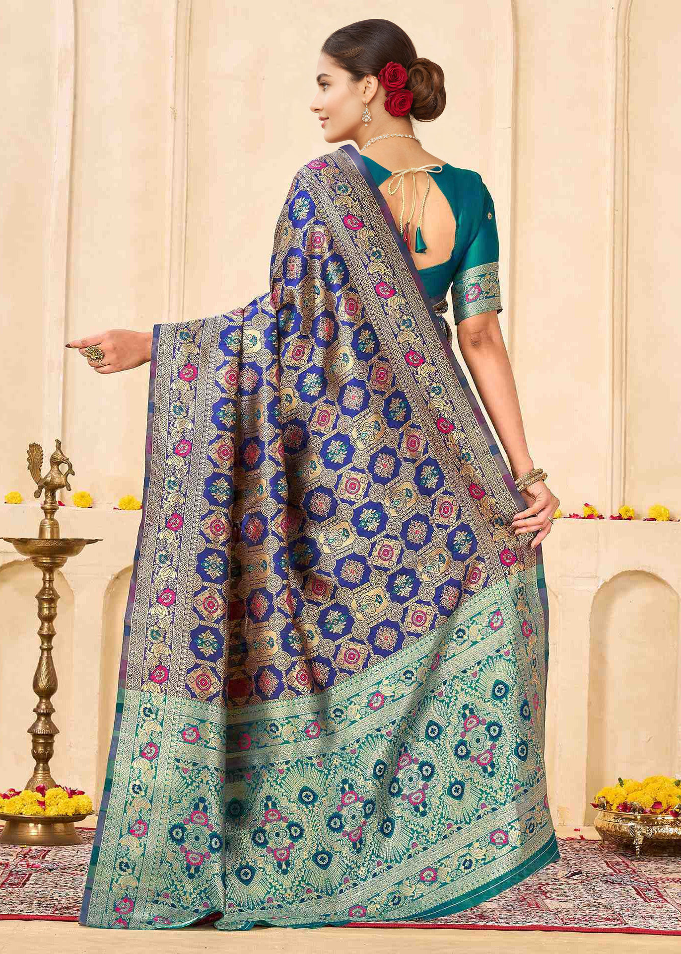 Classic Royal Blue Banarasi Silk Saree with Aqua Zari Border