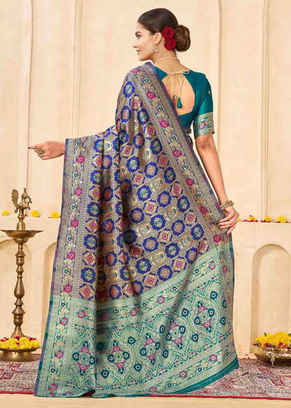Classic Royal Blue Banarasi Silk Saree with Aqua Zari Border