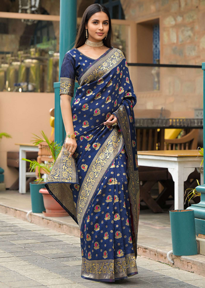 Classic Navy Blue Banarasi Silk Saree with Rich Gold Zari Border