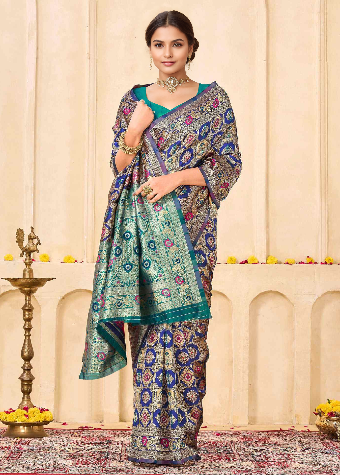 Classic Royal Blue Banarasi Silk Saree with Aqua Zari Border