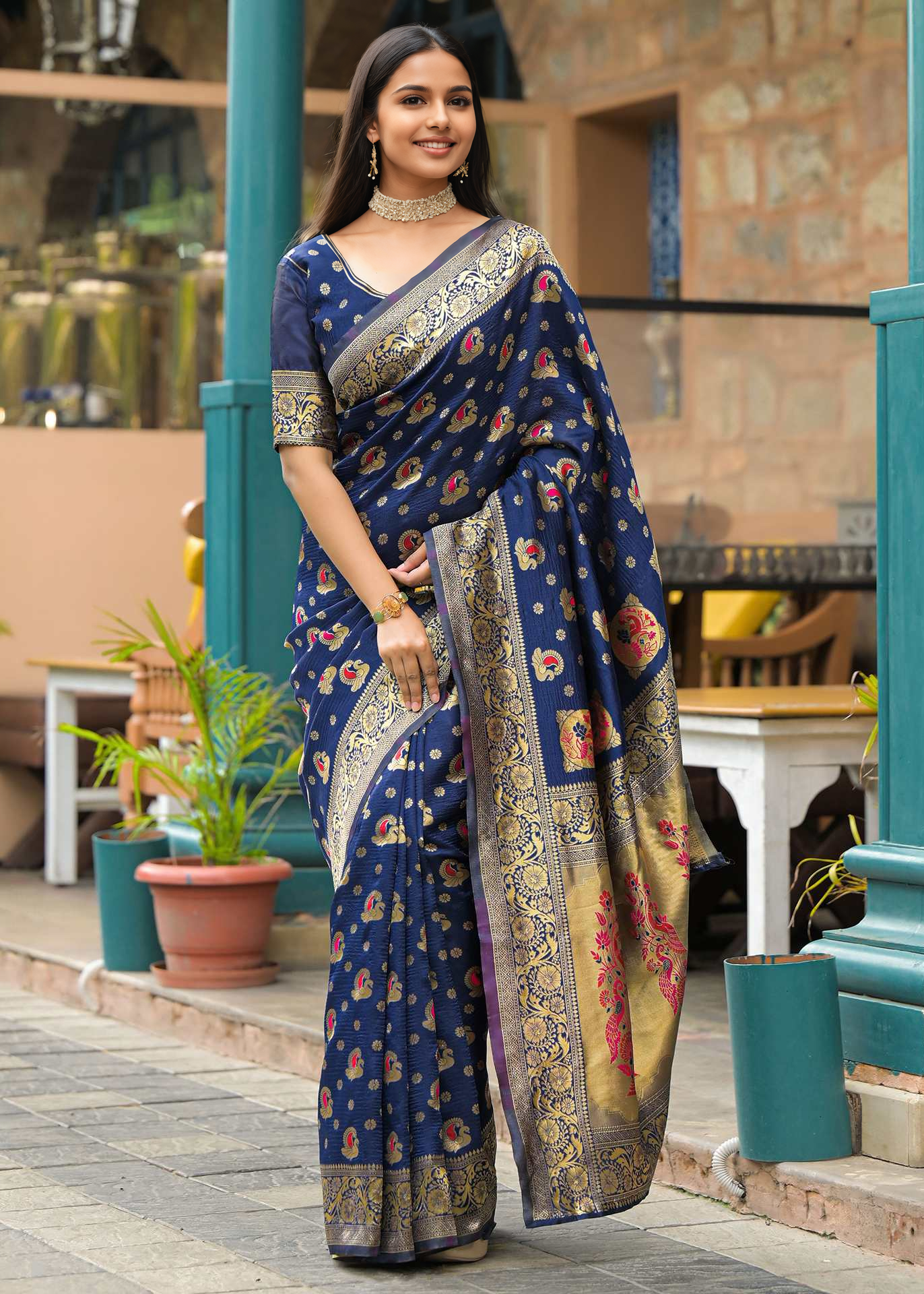 Classic Navy Blue Banarasi Silk Saree with Rich Gold Zari Border