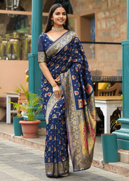 Classic Navy Blue Banarasi Silk Saree with Rich Gold Zari Border