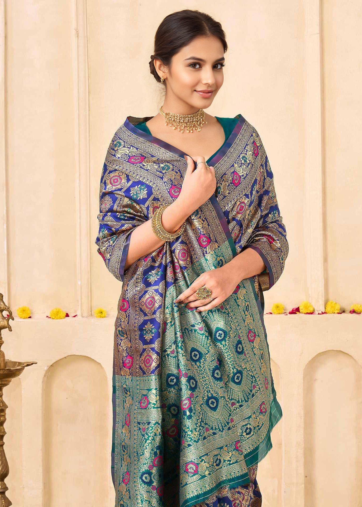 Classic Royal Blue Banarasi Silk Saree with Aqua Zari Border