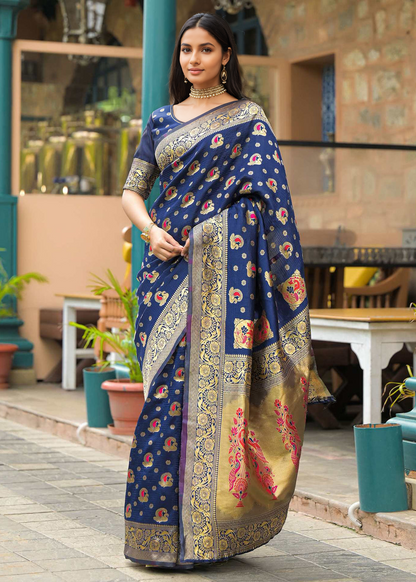 Classic Navy Blue Banarasi Silk Saree with Rich Gold Zari Border