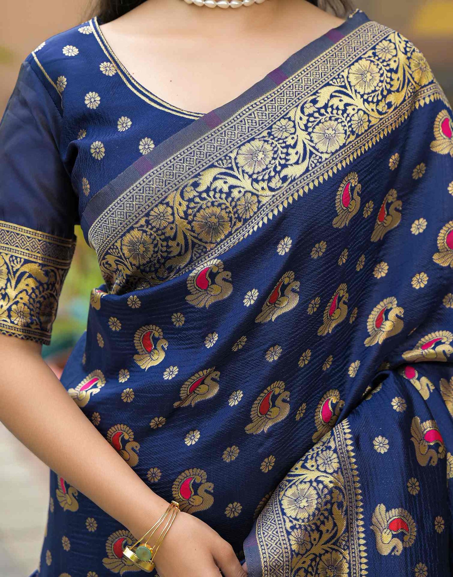 Classic Navy Blue Banarasi Silk Saree with Rich Gold Zari Border