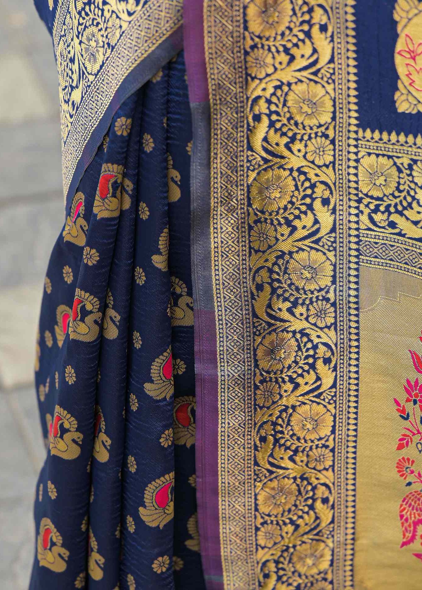 Classic Navy Blue Banarasi Silk Saree with Rich Gold Zari Border