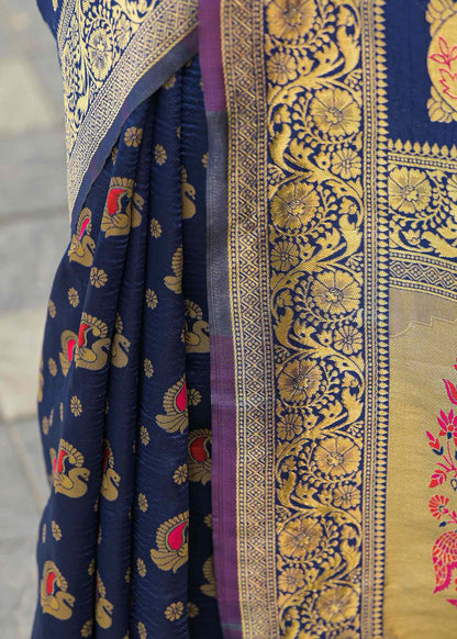 Classic Navy Blue Banarasi Silk Saree with Rich Gold Zari Border