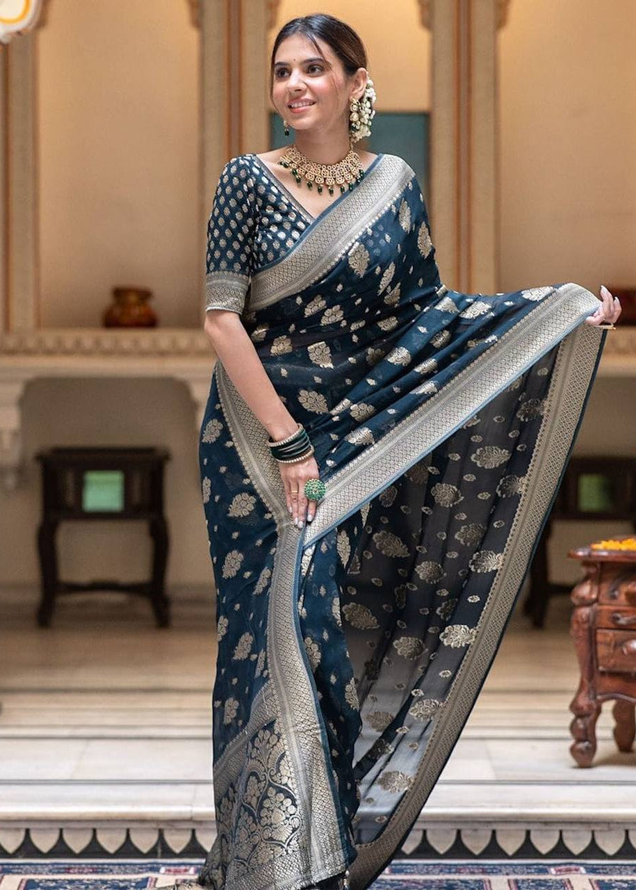 Blue Luxury Jacquard Weave Saree with Stunning Rich Pallu