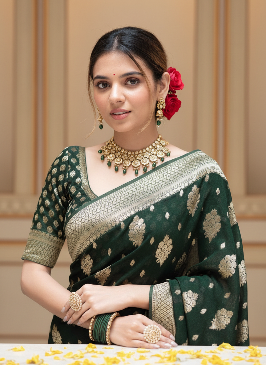Dark Green Royal Rich Pallu Saree with All-Over Jacquard Work