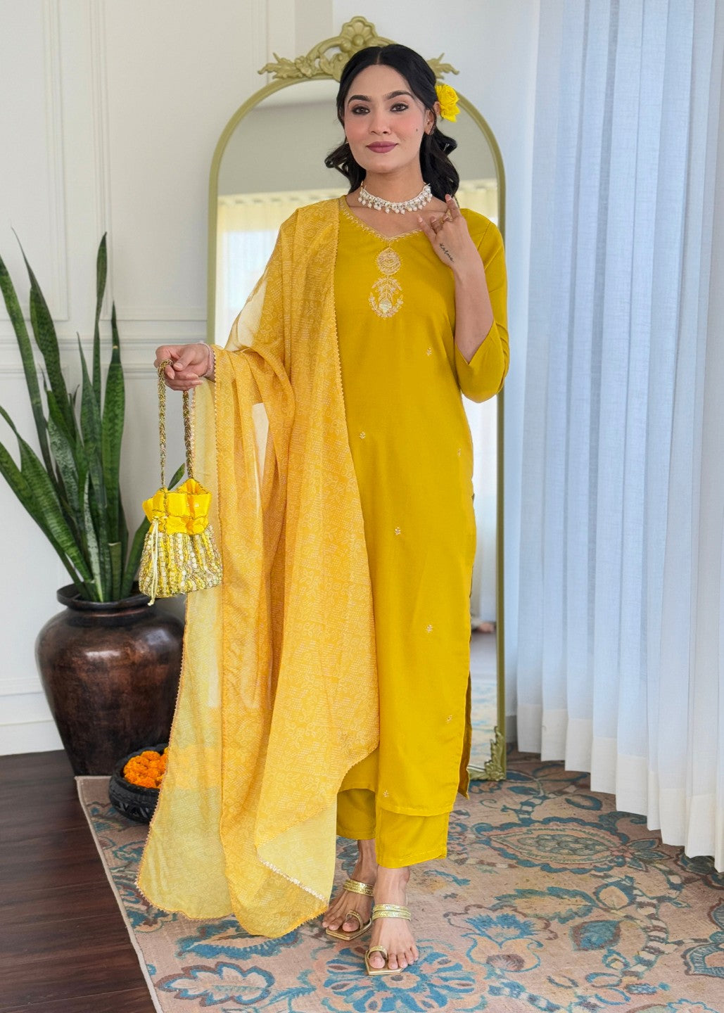 Mustard Yellow Embroidered Kurta Set