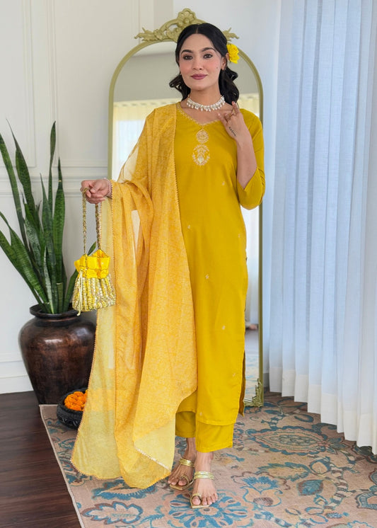 Mustard Yellow Embroidered Kurta Set