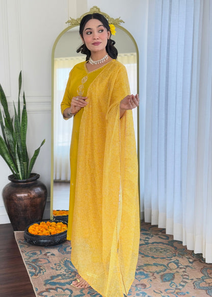 Mustard Yellow Embroidered Kurta Set
