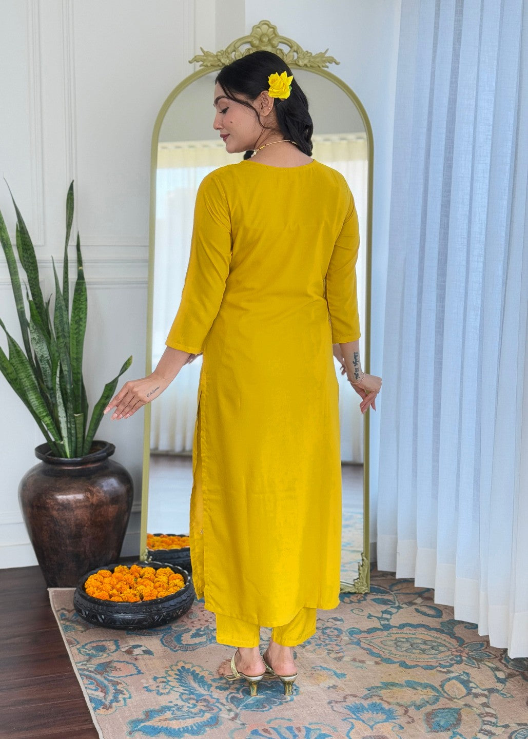 Mustard Yellow Embroidered Kurta Set