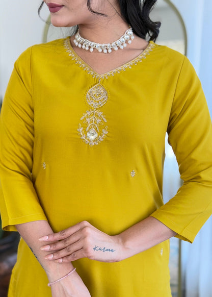 Mustard Yellow Embroidered Kurta Set