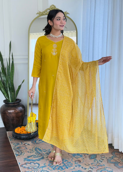 Mustard Yellow Embroidered Kurta Set