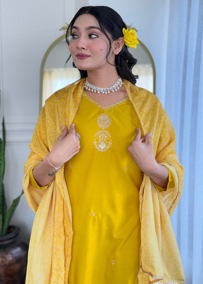Mustard Yellow Embroidered Kurta Set