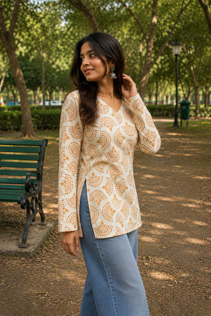 Suryakanti Ivory Ochre Cotton Printed Top