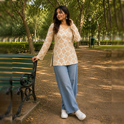 Suryakanti Ivory Ochre Cotton Printed Top