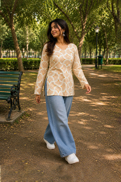 Suryakanti Ivory Ochre Cotton Printed Top