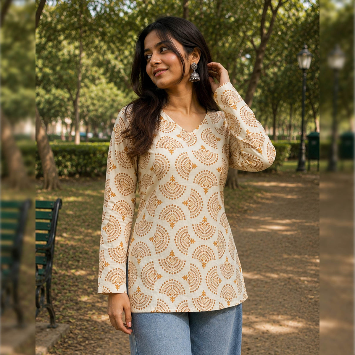 Suryakanti Ivory Ochre Cotton Printed Top