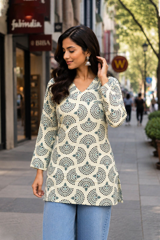 Neelambari Ivory Indigo Cotton Printed Top