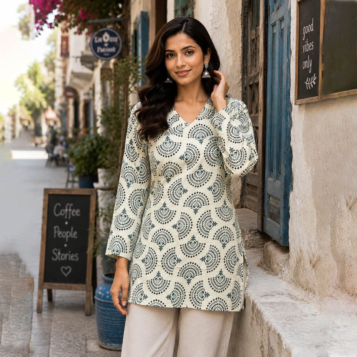 Neelambari Ivory Indigo Cotton Printed Top