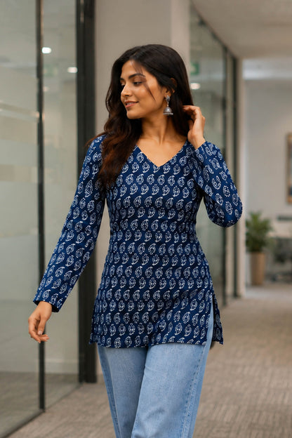 Nilkamal Indigo Cotton Paisley Printed Top