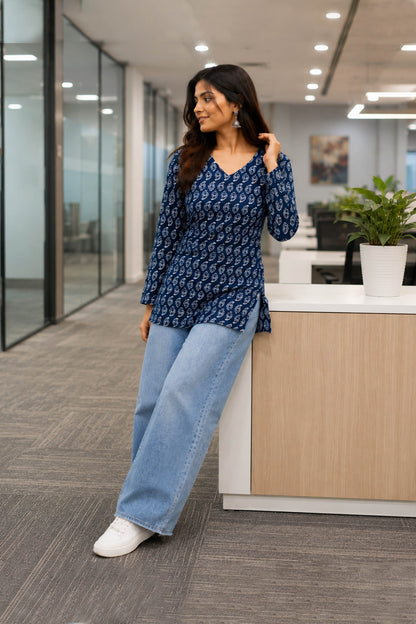 Nilkamal Indigo Cotton Paisley Printed Top