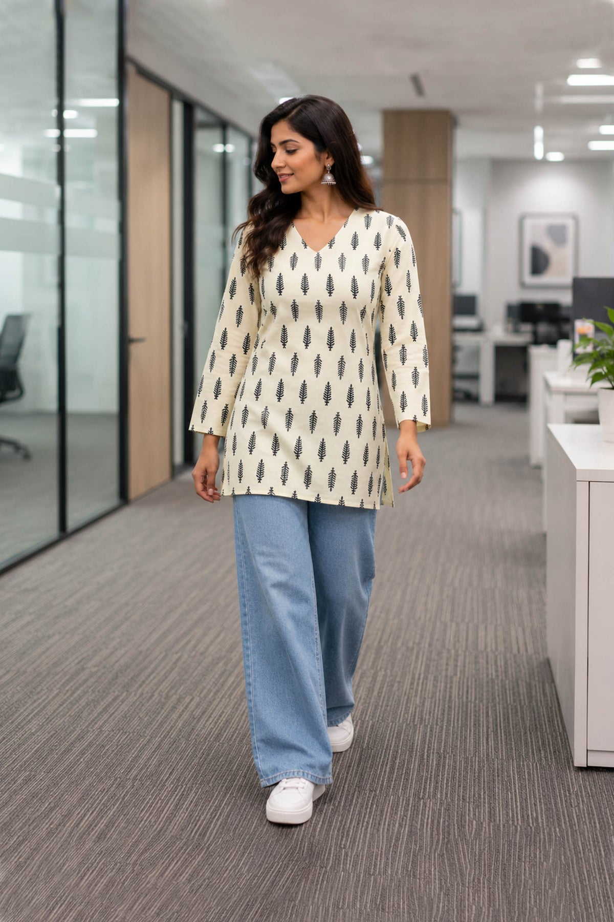 Patrika Cream Cotton Leaf Printed Top