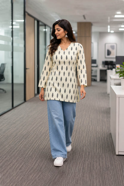 Patrika Cream Cotton Leaf Printed Top