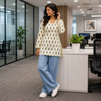 Patrika Cream Cotton Leaf Printed Top
