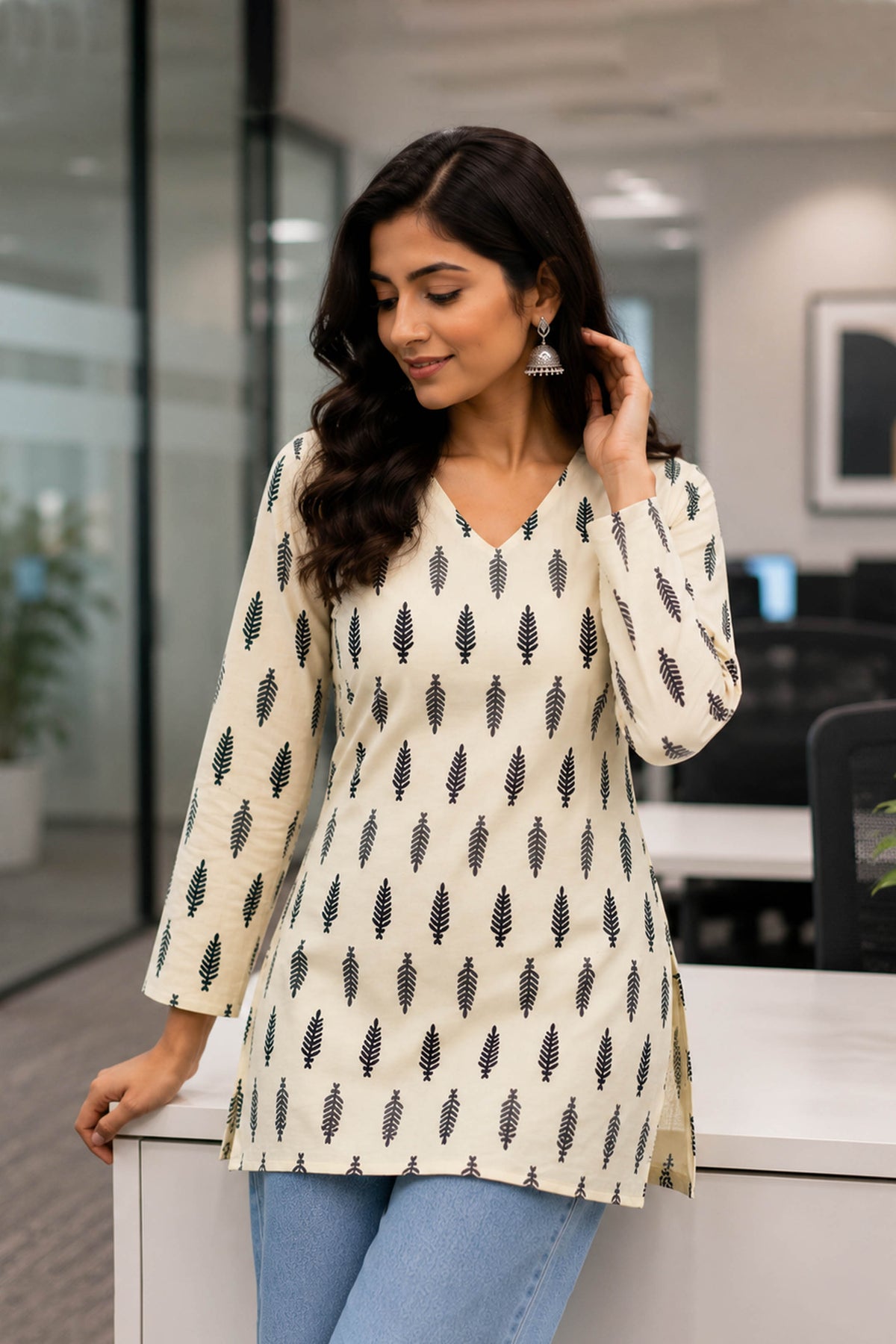 Patrika Cream Cotton Leaf Printed Top