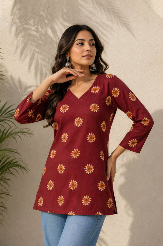 Surajmukhi Maroon Cotton Floral Printed Top