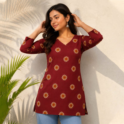 Surajmukhi Maroon Cotton Floral Printed Top