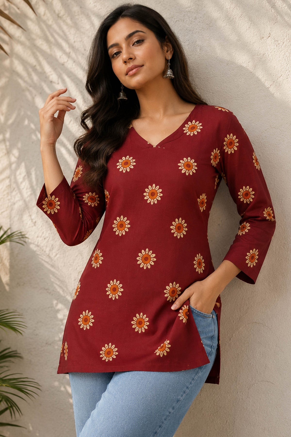 Surajmukhi Maroon Cotton Floral Printed Top
