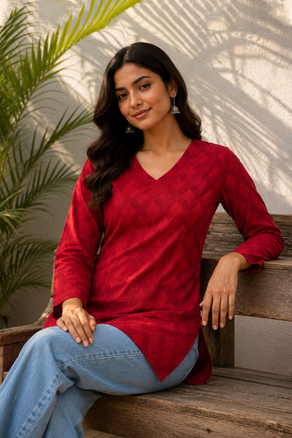 Laal Ishq Red Cotton Tonal Printed Top