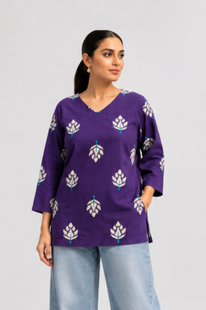 Jamuni Royal Purple Cotton Lotus Printed Top