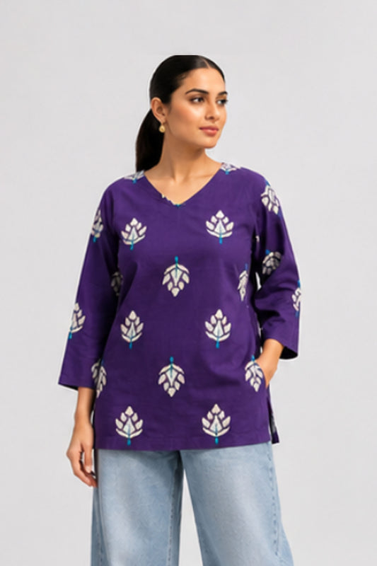 Jamuni Royal Purple Cotton Lotus Printed Top