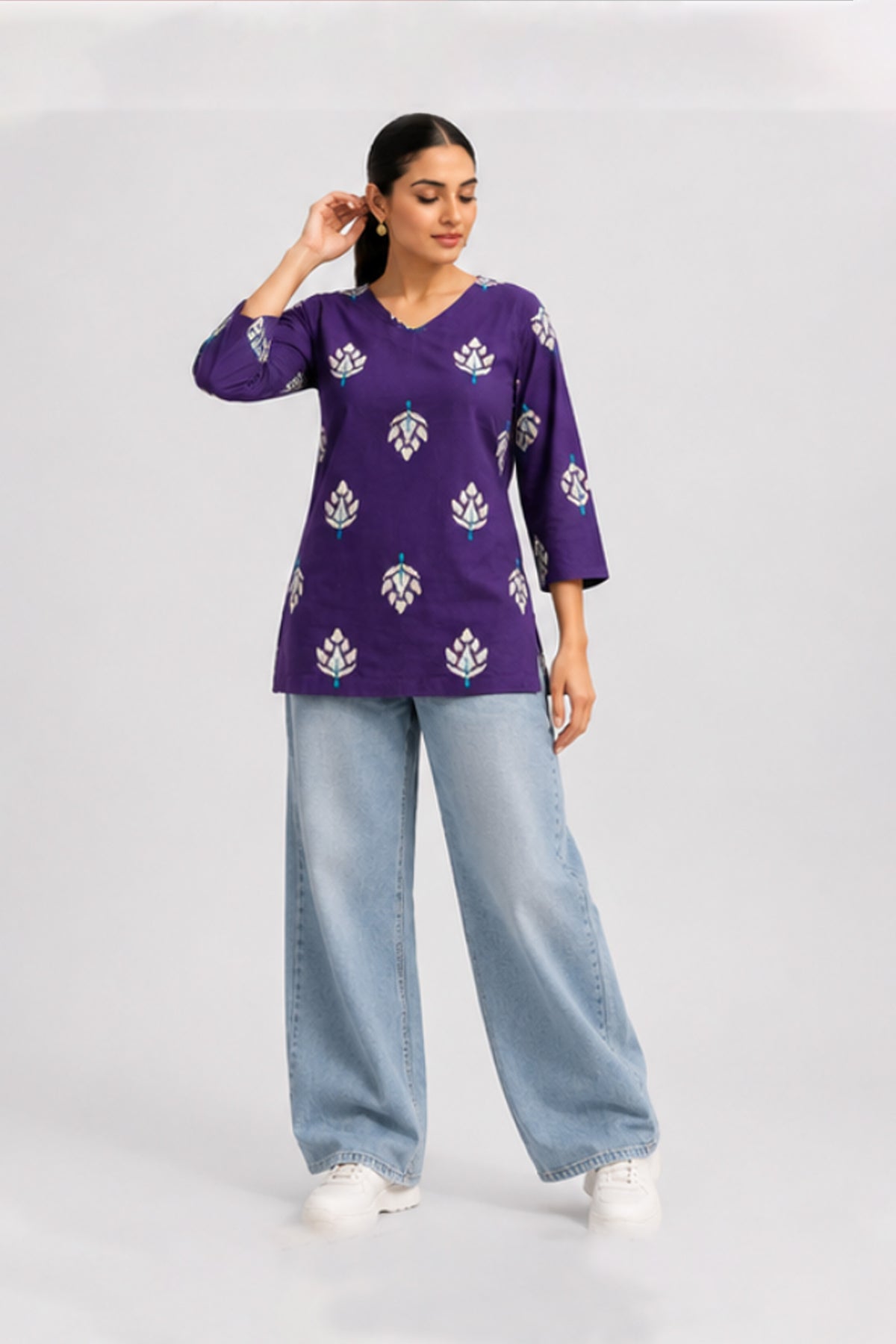 Jamuni Royal Purple Cotton Lotus Printed Top