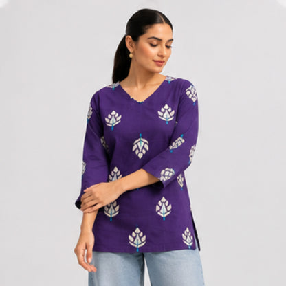 Jamuni Royal Purple Cotton Lotus Printed Top