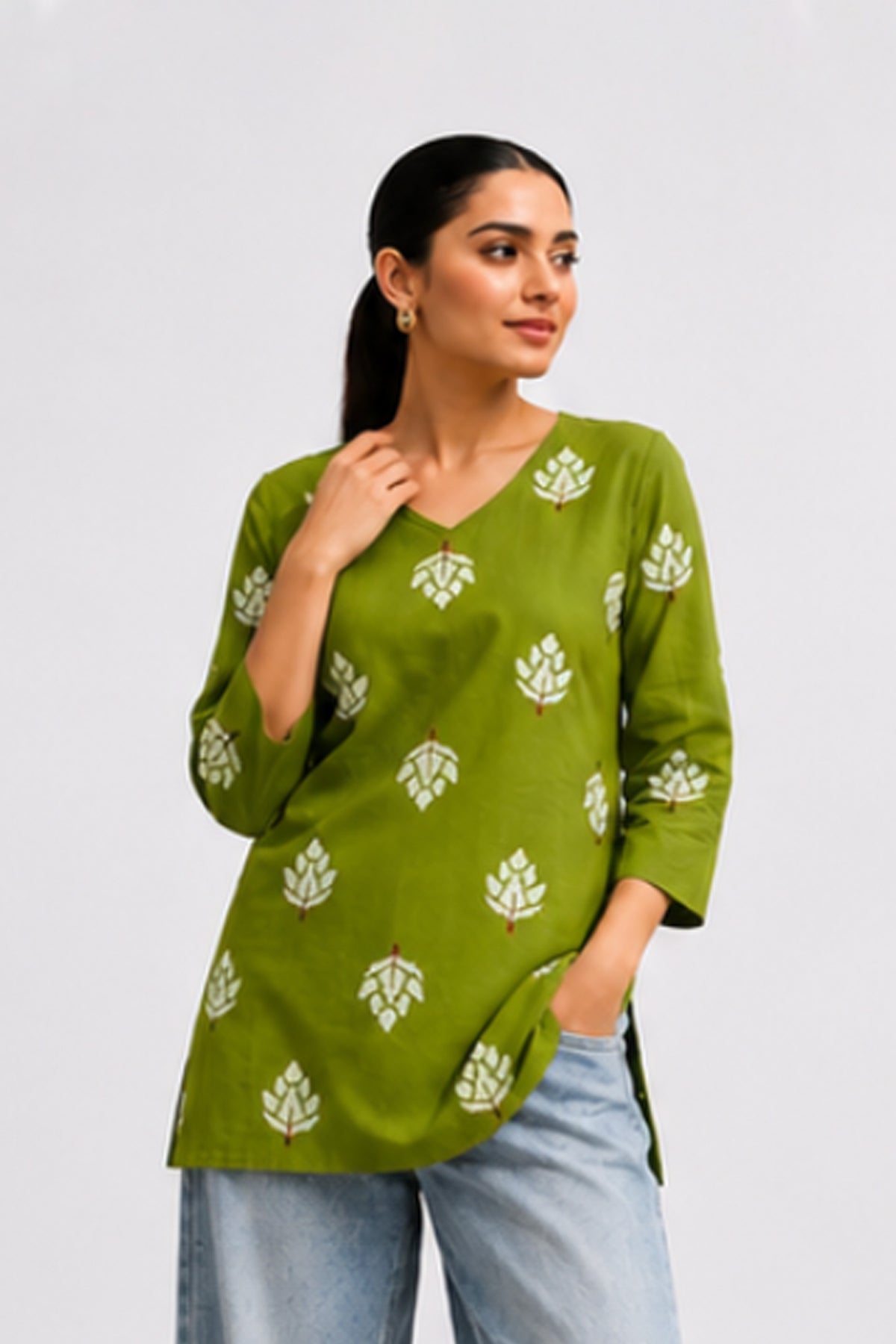 Mehndi Olive Green Cotton Lotus Printed Top