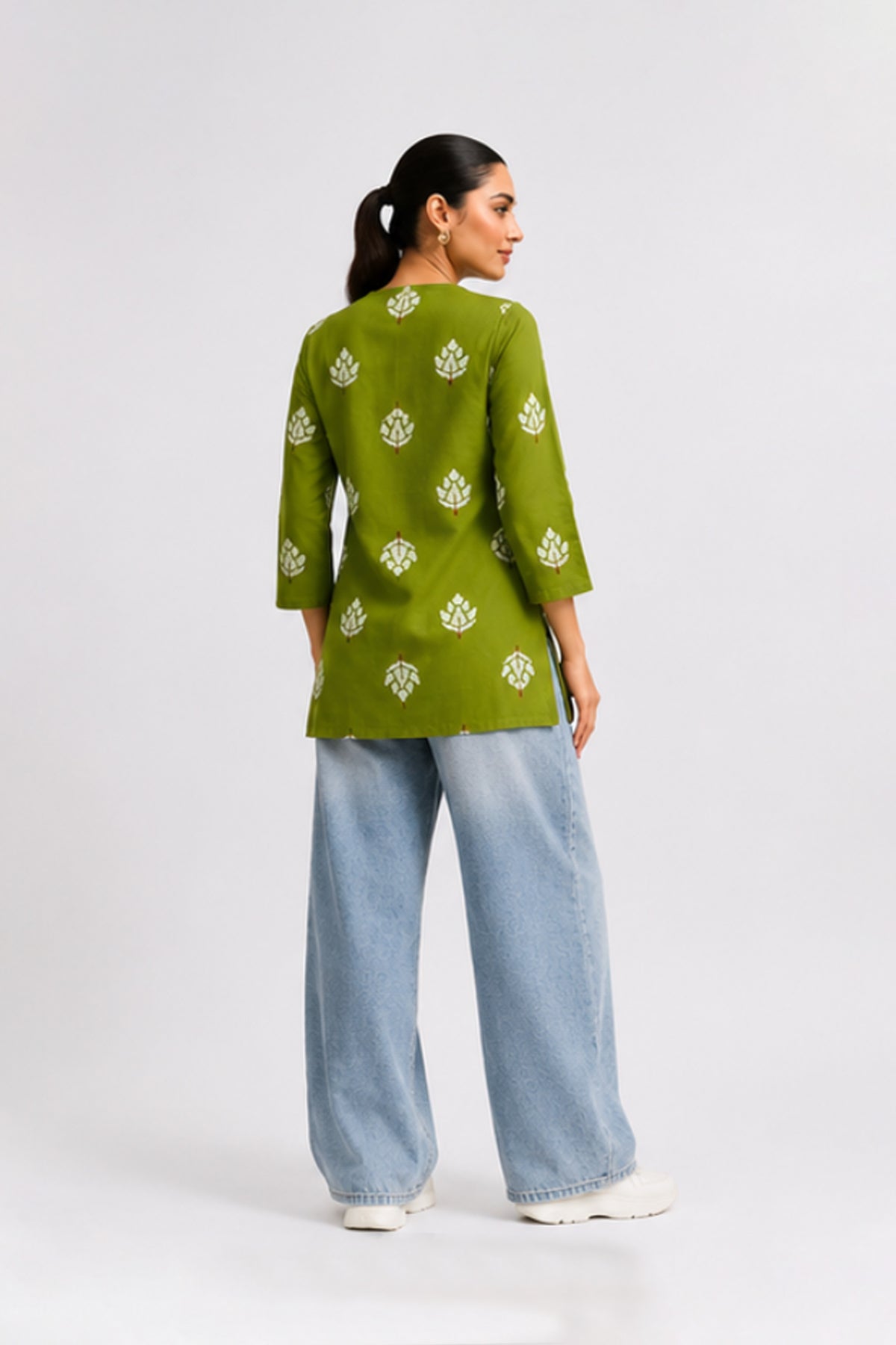 Mehndi Olive Green Cotton Lotus Printed Top